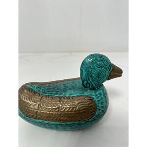 Trinket Jewelry Box Pewter Duck Shape with Lid Figurine Green Gold